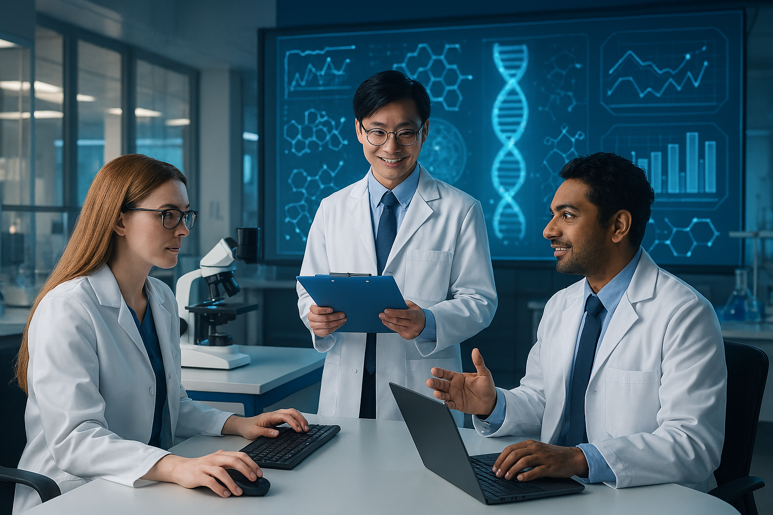 Biomedical professionals collaborating with advanced technology